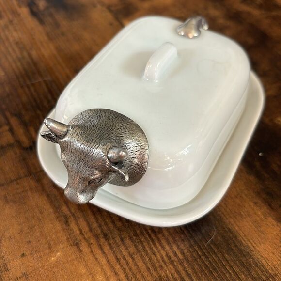 Pillivuyt France Porcelain Butter Dish With Silver Cow / Néw - Picture 3 of 8